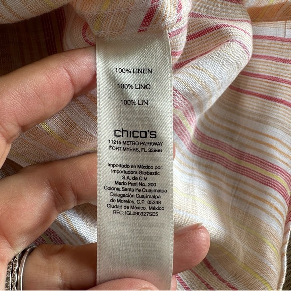 CHICOS No Iron 100% Linen Button Shirt Size 2 (US 12) Pink Striped Back Button - Picture 5 of 10